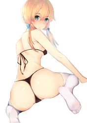 Rule 34 | 10s, 1girl, absurdres, ass, bare arms, bare shoulders, bikini, black bikini, black ribbon, blonde hair, blue bow, blue eyes, blurry, blush, bow, breasts, cameltoe, closed mouth, colored eyelashes, dutch angle, eyelashes, from behind, gin00, hair bow, highres, kantai collection, looking back, micro bikini, partially visible vulva, prinz eugen (kancolle), ribbon, sideboob, simple background, sitting, soles, solo, spread legs, swimsuit, thighhighs, thong, thong bikini, wariza, white thighhighs
