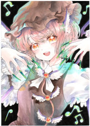 Rule 34 | 1girl, animal ears, artist name, beamed eighth notes, bird ears, bird wings, blush, brown dress, brown hat, dated, dress, earrings, eighth note, fingernails, frilled sleeves, frills, green nails, hat, jewelry, long fingernails, long sleeves, mosho, musical note, mystia lorelei, nail polish, open mouth, pink hair, quarter note, short hair, signature, single earring, smile, solo, teeth, touhou, traditional media, upper body, upper teeth only, white wings, wings, yellow eyes