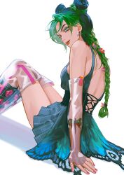 Rule 34 | 1girl, absurdres, animal print, arm tattoo, bare shoulders, braid, butterfly earrings, butterfly print, butterfly tattoo, commentary, double bun, dress, earrings, gradient dress, green eyes, green footwear, green hair, hair bun, highres, jewelry, jojo no kimyou na bouken, kuujou jolyne, minilang, multicolored hair, see-through, see-through sleeves, single braid, solo, stone ocean, symbol-only commentary, tattoo, thighs, white background