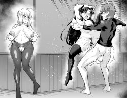 Rule 34 | 1boy, 2girls, absurdres, ankoman, artoria pendragon (all), artoria pendragon (fate), ass, ass grab, bar censor, breasts, censored, clothed sex, clothes, doggystyle, fate/grand order, fate (series), grabbing, grabbing another&#039;s breast, highres, large breasts, large penis, long hair, matou shinji, monochrome, multiple girls, open clothes, open mouth, panties, penis, saber (fate), sex, sex from behind, short hair, testicles, tohsaka rin, underwear, vaginal