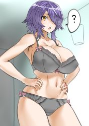 Rule 34 | 1girl, 30-06, ?, absurdres, alternate costume, bad id, bad pixiv id, bra, breasts, cleavage, commentary request, cowboy shot, frilled bra, frilled panties, frills, grey bra, grey panties, hair over one eye, hands on own hips, highres, kantai collection, large breasts, looking at viewer, panties, purple hair, short hair, solo, spoken question mark, tenryuu (kancolle), underwear, underwear only, yellow eyes