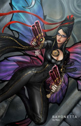Rule 34 | 1girl, bayonetta, bayonetta (series), bayonetta 1, black hair, blue eyes, bodysuit, breasts, bug, butterfly, butterfly wings, cleavage, cleavage cutout, clothing cutout, dual wielding, earrings, eyeshadow, glasses, gun, handgun, holding, insect, insect wings, jewelry, large breasts, lips, lipstick, long hair, makeup, mole, mole under mouth, ribbon, siya oum, skin tight, weapon, wings