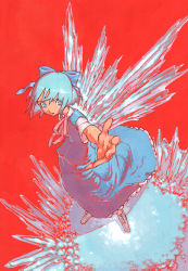 Rule 34 | 1girl, bad id, bad pixiv id, blouse, blue eyes, blue hair, bow, chomoran, cirno, dress, embodiment of scarlet devil, female focus, full body, hair bow, ice, matching hair/eyes, red background, shirt, solo, touhou, white background, white shirt, wings