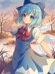 Rule 34 | 1girl, :d, absurdres, bare tree, blue bow, blue dress, blue eyes, blue hair, blush, bow, brown background, cirno, collared shirt, commentary, detached wings, dress, fairy, hair bow, hand up, highres, ice, ice wings, kaoling, looking at viewer, open mouth, red bow, red neckwear, shirt, short sleeves, sleeveless, sleeveless dress, smile, solo, symbol-only commentary, touhou, tree, white shirt, wings
