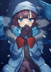 Rule 34 | 1girl, beanie, blue background, blue eyes, blue hat, blue jacket, blue scarf, blunt bangs, blush, breath, commentary, covering own mouth, eyelashes, floating scarf, fur-trimmed jacket, fur trim, gloves, hands up, hat, highres, jacket, koimonogatari, long sleeves, looking at viewer, monogatari (series), myuga66666, open clothes, open jacket, own hands together, purple gloves, purple hair, scarf, senjougahara hitagi, shadow, short hair, sidelocks, snowing, solo, upper body, winter clothes