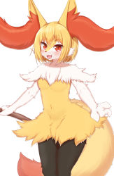 Rule 34 | 1girl, :3, animal ear fluff, animal ears, animal hands, animal nose, black fur, blonde hair, blush, body fur, braixen, breasts, creatures (company), fang, female focus, fox ears, fox girl, fox tail, furry, furry female, game freak, gen 6 pokemon, happy, highres, holding, holding stick, horokusa (korai), legs together, looking at viewer, navel, neck fur, nintendo, open mouth, pantyhose, personification, pokemon, pokemon (creature), red eyes, short hair, sidelocks, simple background, small breasts, smile, solo, standing, stick, stomach, tail, white background, white fur, yellow fur