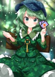 Rule 34 | 1girl, blurry, blurry background, blush, camouflage, camouflage headwear, camouflage shirt, camouflage skirt, card, closed mouth, collarbone, collared shirt, frilled shirt collar, frilled skirt, frills, green eyes, green hair, green hat, green shirt, green skirt, hands up, hat, highres, holding, holding card, key, long hair, long sleeves, looking at viewer, one-hour drawing challenge, pocket, ruu (tksymkw), shirt, skirt, skirt set, smile, solo, split mouth, touhou, yamashiro takane