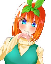Rule 34 | 1girl, airo, blue eyes, blush, casual, closed mouth, commentary request, dutch angle, eyebrows hidden by hair, go-toubun no hanayome, green ribbon, hair between eyes, hair ribbon, hand up, highres, long sleeves, looking at viewer, medium hair, nakano yotsuba, orange hair, partial commentary, ribbon, shy, sidelocks, simple background, solo, straight hair, sweater, turtleneck, upper body, wavy mouth, white background, yellow sweater