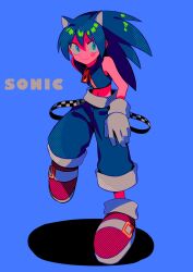 Rule 34 | alternate eye color, animal ears, bare shoulders, belt, black belt, blue background, blue eyes, blue hair, blue pants, blue shirt, blush, character name, closed mouth, colored skin, commentary request, full body, gloves, gold, grey belt, grey footwear, grey gloves, grey socks, hair between eyes, hedgehog ears, highres, humanization, jewelry, long hair, looking to the side, menma (enaic31), navel, pants, pink footwear, pink skin, plaid, plaid belt, shadow, shirt, shoes, simple background, sleeveless, sleeveless shirt, smile, sneakers, socks, sonic (series), sonic the hedgehog, standing, standing on one leg, v-shaped eyebrows, zipper