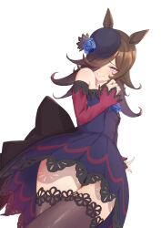 Rule 34 | absurdres, animal ears, arm behind back, back bow, black bow, black thighhighs, blue dress, blue flower, blue hat, blue rose, bow, brown hair, closed mouth, commentary, crossed legs, dress, dutch angle, flower, frown, hair over one eye, half-closed eyes, hat, hat flower, highres, horse ears, horse girl, horse tail, kanketsu25, lace, lace-trimmed dress, lace-trimmed thighhighs, lace trim, large bow, long hair, long sleeves, off-shoulder dress, off shoulder, purple eyes, rice shower (umamusume), rose, short dress, simple background, tail, thighhighs, tilted headwear, umamusume, white background