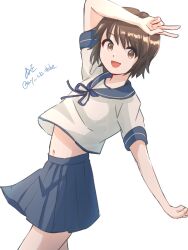 Rule 34 | 1girl, :d, artist name, blue skirt, brown eyes, brown hair, highres, kantai collection, looking at viewer, midriff, miyuki (kancolle), navel, neckerchief, one-hour drawing challenge, open mouth, pleated skirt, school uniform, serafuku, short hair, short sleeves, simple background, skirt, smile, solo, v, white background, wiwo