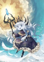 Rule 34 | 1girl, :d, absurdres, bird, blue eyes, blue sky, capelet, crown, floating hair, flock, grey hair, highres, holding, holding staff, horns, long hair, long sleeves, looking at viewer, mana matitia (okame nin), okame nin, open mouth, original, purple capelet, purple hair, sky, smile, solo, staff, two-handed