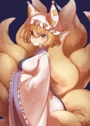 Rule 34 | 1girl, animal hat, blonde hair, blue tabard, blush, breasts, closed mouth, commentary request, dress, e sdss, fox tail, frills, hands in opposite sleeves, hat, highres, large breasts, long sleeves, medium hair, mob cap, multiple tails, solo, tabard, tail, tassel, touhou, white dress, white hat, wide sleeves, yakumo ran, yellow eyes