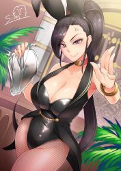 Rule 34 | 1girl, angry, animal ears, bare shoulders, black hair, bracelet, breasts, rabbit ears, choker, cleavage, dragon quest, dragon quest xi, fake animal ears, fishnet pantyhose, fishnets, heart, highres, jewelry, large breasts, long hair, martina (dq11), navel, pantyhose, playboy bunny, ponytail, purple eyes, sian, solo