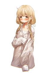 Rule 34 | 1girl, blonde hair, blush, borrowed clothes, camisole, collarbone, cropped torso, dated, futaba anzu, highres, idolmaster, idolmaster cinderella girls, long sleeves, natu 28 natu, shirt, signature, simple background, sleeves past fingers, sleeves past wrists, solo, twintails, upper body, white background, white camisole, white shirt