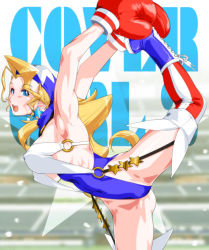 Rule 34 | 1girl, armpits, arms behind back, arms up, ass, bandana, blonde hair, blue bandana, blue eyes, blue footwear, blue leotard, boxing gloves, breasts, capcom, commentary request, covered erect nipples, cross-laced footwear, flexible, garter straps, hair intakes, halterneck, justice gakuen, large breasts, leg up, leotard, long hair, looking at viewer, o-ring, open mouth, qkat (arikawa-dou), red legwear, shiritsu justice gakuen, solo, split, standing, standing on one leg, star (symbol), stretching, striped clothes, striped legwear, striped thighhighs, thighhighs, tiffany lords, vertical-striped clothes, vertical-striped legwear, vertical-striped thighhighs
