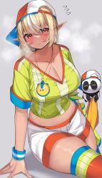 Rule 34 | 1girl, absurdres, backwards hat, blonde hair, breasts, cleavage, closed mouth, collarbone, cosplay, dark-skinned female, dark skin, grey background, hat, highres, hololive, kintsuba (shiranui flare), kshimu, large breasts, looking at viewer, midriff, multicolored hair, oozora subaru, oozora subaru (1st costume), oozora subaru (cosplay), pointy ears, red eyes, shiranui flare, shirt, simple background, sitting, stopwatch, stopwatch around neck, streaked hair, striped clothes, striped shirt, thick thighs, thighhighs, thighs, vertical-striped clothes, vertical-striped shirt, virtual youtuber, watch, whistle, whistle around neck, white hair, white headwear