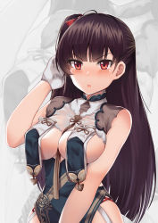 1girl :o azur_lane bare_hips between_breasts blunt_bangs blush breast_curtains breasts cleavage cosplay girls&#039;_frontline gloves hair_ribbon highres large_breasts long_hair one_side_up parted_lips persocon93 purple_hair red_eyes red_ribbon revealing_clothes ribbon sirius_(azur_lane) sirius_(azure_horizons)_(azur_lane) sirius_(azure_horizons)_(azur_lane)_(cosplay) solo straight_hair upper_body very_long_hair wa2000_(girls&#039;_frontline) white_gloves zoom_layer