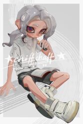 Rule 34 | 1boy, black shorts, book, border, cigarette, closed mouth, commentary request, cross-laced footwear, cyrenaci, eyebrow cut, full body, grey background, grey hair, highres, holding, holding lighter, lighter, long hair, low ponytail, male focus, nintendo, octoling, octoling boy, octoling player character, open book, outside border, red eyes, shoes, shorts, sitting, solo, splatoon (series), splatoon 3, tentacle hair, white border, white footwear