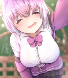 Rule 34 | 10s, 1girl, ^ ^, absurdres, bent over, black skirt, blurry, blurry background, blush, breasts, closed eyes, collared shirt, commentary request, day, depth of field, dress shirt, facing viewer, gridman universe, head tilt, highres, jacket, large breasts, long sleeves, miniskirt, off shoulder, open clothes, open jacket, open mouth, outdoors, outstretched arm, pantyhose, pink hair, pleated skirt, purple jacket, reaching, reaching towards viewer, school uniform, shinjou akane, shirt, short hair, skirt, smile, solo, sorahachi (sora823), ssss.gridman, sunlight, teeth, upper teeth only, white shirt