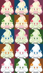 Rule 34 | alcremie, alcremie (berry sweet), alcremie (clover sweet), alcremie (flower sweet), alcremie (love sweet), alcremie (matcha cream), alcremie (ruby swirl), alcremie (salted cream), alcremie (strawberry sweet), blue eyes, creature, creatures (company), expressionless, face, flower, food, fruit, game freak, gen 8 pokemon, green eyes, heart, highres, looking at viewer, multicolored background, nintendo, no humans, orange eyes, pink eyes, pokemon, pokemon (creature), shawn flowers, strawberry