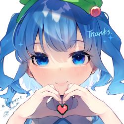 Rule 34 | 1girl, blue eyes, blue hair, blush, commentary request, green hat, hair bobbles, hair ornament, hands up, hat, heart, heart hands, highres, kappa mame, kawashiro nitori, looking at viewer, medium hair, milestone celebration, pixel heart, signature, simple background, smile, solo, sparkle, thank you, touhou, twitter username, two side up, upper body, white background
