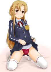 Rule 34 | 1girl, asuna (sao), blazer, blue jacket, blue skirt, braid, brown eyes, brown hair, clothes lift, commentary request, competition swimsuit, crown braid, full body, half updo, highres, jacket, kneeling, long hair, looking at viewer, neck ribbon, no shoes, one-piece swimsuit, pleated skirt, red one-piece swimsuit, ribbon, school uniform, skirt, skirt lift, solo, swimsuit, swimsuit under clothes, sword art online, thighhighs, tk4, white thighhighs