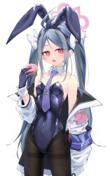 Rule 34 | 1girl, animal ears, antenna hair, black gloves, black leotard, black pantyhose, blue archive, blue hair, blue necktie, blush, collarbone, covered navel, cowboy shot, detached collar, doughnut, fake animal ears, food, fubuki (blue archive), gloves, grey hair, halo, highres, holding, holding food, jacket, leotard, long hair, long sleeves, multicolored hair, n4gare b0shi, necktie, open mouth, pantyhose, pink halo, puffy long sleeves, puffy sleeves, rabbit ears, red eyes, simple background, solo, strapless, strapless leotard, white background, white jacket