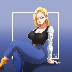 Rule 34 | 1girl, android 18, blonde hair, breasts, cleavage, crossed legs, dragon ball, dragonball z, earrings, expressionless, highres, jewelry, large breasts, looking at viewer, pants, parvad, solo