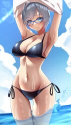 1girl absurdres ahoge arms_up bikini black_bikini blue-framed_eyewear blue_eyes blue_sky breasts cleavage closed_mouth cloud collarbone commentary_request commission day glasses grey_hair highres katagirinanoka large_breasts navel ocean original outdoors second-party_source shirt short_hair side-tie_bikini_bottom skeb_commission sky smile solo standing swimsuit thighs undressing wading water white_shirt