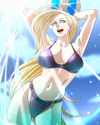 Rule 34 | 1girl, absurdres, ball, bare shoulders, bikini, blonde hair, blue eyes, breasts, curvy, female focus, highres, large breasts, long hair, looking away, midriff, naruto (series), navel, no pupils, smile, solo, swimsuit, thick thighs, thighs, yamanaka ino