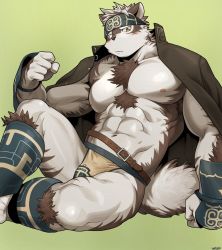 Rule 34 | 1boy, abs, animal ears, bara, belt, blush, bulge, feet out of frame, fundoshi, furry, furry male, gakuran, grey fur, grey hair, headband, highres, horkeu kamui, jacket, jacket on shoulders, japanese clothes, male focus, male underwear, multicolored hair, muscular, navel, nipples, pectorals, pelvic curtain, revealing clothes, school uniform, short hair, sitting, solo, tail, thick thighs, thighs, tokyo houkago summoners, topless male, two-tone fur, underwear, wasp (anthyutena), white fur, white male underwear, wolf boy, wolf ears, wolf tail, yellow eyes