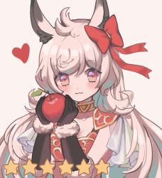 Rule 34 | 1girl, :3, animal ears, apple, black gloves, blush, bow, brown eyes, elbow gloves, food, fruit, gloves, gold trim, hair bow, heart, highres, holding, holding food, holding fruit, lima (princess connect!), lima (princess connect), looking at viewer, princess connect!, red bow, simple background, solo, star (symbol), upper body, white background, white hair