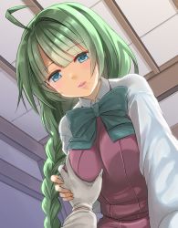 Rule 34 | 10s, 1boy, 1girl, ahoge, blue eyes, blunt bangs, blush, bow, bowtie, braid, breasts, from below, gloves, grabbing, grabbing another&#039;s breast, grabbing another's breast, green hair, guided breast grab, guiding hand, hetero, higeno shinshi, kantai collection, long hair, looking at viewer, looking down, mole, mole under mouth, open mouth, pov, school uniform, single braid, smile, solo focus, very long hair, white gloves, yuugumo (kancolle)