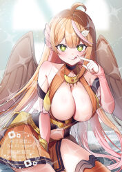 1girl :q ahoge bare_shoulders between_legs blonde_hair breasts brown_wings cleavage closed_mouth clothing_cutout commission detached_sleeves green_eyes hanasaki_mahiru hand_between_legs hand_up highres large_breasts long_hair long_sleeves looking_at_viewer miniskirt mole mole_under_eye multicolored_hair navel orange_skirt orange_thighhighs original pleated_skirt revealing_clothes side_slit skeb_commission skirt smile solo star-shaped_pupils star_(symbol) stomach_cutout streaked_hair symbol-shaped_pupils thighhighs tongue tongue_out very_long_hair wings