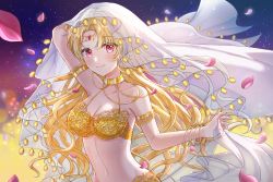 Rule 34 | 1girl, arm up, armlet, bare shoulders, blonde hair, bracelet, breasts, circlet, cleavage, coin hair ornament, dancer, diana (eoneu nal gongjuga doeeobeoryeotda), eoneu nal gongjuga doeeobeoryeotda, forehead jewel, fringe trim, gem, gradient background, hair ornament, harem outfit, highres, jewelry, lace trim, large breasts, long hair, looking at viewer, medium breasts, midriff, navel, neck ring, night, night sky, outstretched hand, parted bangs, petals, red eyes, red gemstone, ryunbi, see-through, sky, smile, solo, star (sky), upper body, veil, very long hair