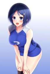 Rule 34 | 1girl, :d, bare shoulders, black thighhighs, blue background, blue eyes, blue hair, blue shorts, blush, breasts, clothes writing, gradient background, hair ornament, hairclip, hands on own thighs, huyumitsu, large breasts, leaning forward, looking at viewer, open mouth, original, shiny skin, short hair, short shorts, shorts, sleeveless, smile, solo, sportswear, tareme, thighhighs, thighs, volleyball uniform