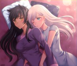 Rule 34 | 2girls, alternate hairstyle, animal ears, artist name, black hair, blake belladonna, blue eyes, blush, breasts, cat ears, cat girl, closed mouth, cuddling, facing another, female focus, from side, hair down, head on pillow, highres, hug, hug from behind, japanese clothes, kio rojine, long hair, long sleeves, looking at another, looking back, lying, multiple girls, nightgown, nipples, no bra, on side, one eye closed, pajamas, parted lips, pillow, rwby, scar, scar across eye, scar on face, short sleeves, sleepwear, very long hair, weiss schnee, white hair, yellow eyes, yuri