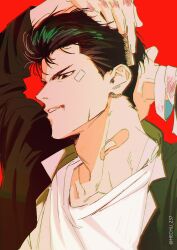 Rule 34 | 1boy, absurdres, bandaged arm, bandages, black hair, black jacket, brushing hair, comb, hechu 237, highres, holding, holding comb, injury, jacket, male focus, mito youhei, open clothes, open jacket, red background, shirt, short hair, simple background, slam dunk (series), solo, twitter username, white shirt