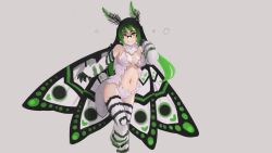 Rule 34 | 1girl, animal hands, antennae, arthropod girl, bare shoulders, black hair, breasts, commentary, covered erect nipples, english commentary, full body, fur, fur collar, fusion, glasses, gradient hair, green eyes, green hair, grey background, highres, insect girl, insect wings, looking at viewer, medium breasts, monster girl, monster girl encyclopedia, monster girl encyclopedia ii, monsterification, moth girl, moth wings, mothman (monster girl encyclopedia), multicolored hair, navel, original, paintrfiend, rectangular eyewear, simple background, smile, solo, standing, standing on one leg, tagme, tharkis, twintails, white fur, wings