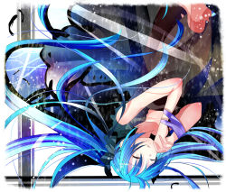 Rule 34 | 1girl, bad id, bad pixiv id, blue hair, dress, closed eyes, own hands clasped, hatsune miku, highres, long hair, own hands together, shinkai shoujo (vocaloid), solo, umi no suzuka, upside-down, very long hair, vocaloid