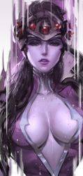 Rule 34 | 1girl, black hair, bodysuit, breasts, cleavage, dopey (dopq), headgear, highres, long hair, looking at viewer, open clothes, overwatch, overwatch 1, parted lips, solo, standing, widowmaker (overwatch)