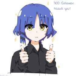 Rule 34 | 1girl, black shirt, blue hair, bocchi the rock!, closed mouth, double thumbs up, hair ornament, hairclip, highres, koto-sensei, looking at viewer, mole, mole under eye, shirt, short hair, simple background, solo, sparkle, thank you, thumbs up, upper body, white background, yamada ryo, yellow eyes