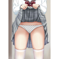 Rule 34 | 1girl, blurry, blurry background, bow, bowtie, cameltoe, checkered clothes, checkered panties, clothes lift, commentary request, grey skirt, haneru, head out of frame, highres, legs apart, lifted by self, long sleeves, lower body, original, panties, plaid, plaid skirt, pleated skirt, school uniform, serafuku, shirt, skindentation, skirt, skirt lift, solo, standing, striped bow, striped bowtie, striped clothes, striped neckwear, thighhighs, underwear, unmoving pattern, upskirt, white shirt, white thighhighs