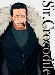 Rule 34 | 1boy, ascot, black hair, character name, cigar, coat, coat on shoulders, formal, hair slicked back, highres, male focus, mirin (coene65), one piece, scar, scar on face, crocodile (one piece), smoking, solo, suit, white background, yellow eyes