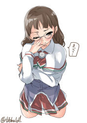Rule 34 | 10s, 1girl, adjusting eyewear, ascot, blush, brown eyes, brown hair, capelet, cowboy shot, cropped legs, ebifurya, glasses, grey-framed eyewear, highres, kantai collection, long hair, long sleeves, one eye closed, open mouth, pince-nez, roma (kancolle), simple background, skirt, solo, speech bubble, translated, twitter username, white background