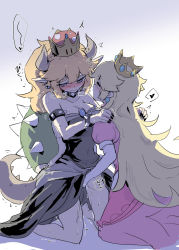Rule 34 | 2girls, armlet, bare shoulders, black dress, black nails, blonde hair, blush, borrowed design, bowsette, bracelet, breasts, brooch, choker, closed eyes, clothes lift, collarbone, commentary request, covered navel, crown, dress, dress lift, earrings, fingering, gradient background, hands on another&#039;s shoulders, highres, horns, jewelry, kneeling, large breasts, long hair, looking at another, looking away, looking to the side, mario (series), mini crown, multiple girls, nail polish, nejikyuu, new super mario bros. u deluxe, nintendo, nose blush, pink dress, pointy ears, princess peach, puffy short sleeves, puffy sleeves, pussy juice, short sleeves, spiked armlet, spiked bracelet, spiked choker, spiked shell, spiked tail, spikes, strapless, strapless dress, super crown, tail, thick eyebrows, trembling, turtle shell, very long hair, yuri