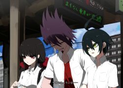Rule 34 | 1girl, 2boys, ahoge, alternate costume, backpack, bag, black bag, black hair, blue sky, blunt bangs, bottle, brown hair, building, buttons, closed eyes, cloud, collarbone, collared shirt, commentary request, danganronpa (series), danganronpa v3: killing harmony, day, eyelashes, facial hair, fake screenshot, fingernails, goatee, green eyes, hair between eyes, hand on own hip, harukawa maki, high collar, holding, holding bottle, long hair, low twintails, mole, mole under eye, momota kaito, multiple boys, open clothes, open mouth, open shirt, outdoors, parted lips, pocket, power lines, purple hair, red eyes, red tank top, saihara shuichi, shirt, short hair, short sleeves, sky, spiked hair, sweatdrop, tamaon, tank top, teeth, train station, translation request, twintails, upper body, upper teeth only, v-shaped eyebrows, very long hair, water bottle, white shirt, white sleeves