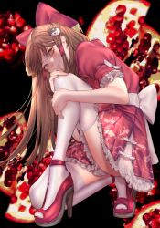 Rule 34 | 1girl, ass, bow, brown hair, hair tubes, hakurei reimu, large bow, long hair, looking at viewer, on one knee, red bow, red shirt, red skirt, shirt, shoes, sidelocks, skirt, skirt set, smile, solo, thighhighs, thighs, touhou, white bow, white thighhighs, yamazaki tsukune, yin yang, yin yang hair ornament