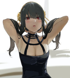 Rule 34 | 1girl, armpits, arms up, black dress, black hair, blush, breasts, cleavage, dress, flower, gold hairband, hair between eyes, hair flower, hair ornament, hairband, highres, icehotmilktea, looking at viewer, medium breasts, open mouth, red eyes, rose, sleeveless, sleeveless dress, solo, spy x family, upper body, yor briar